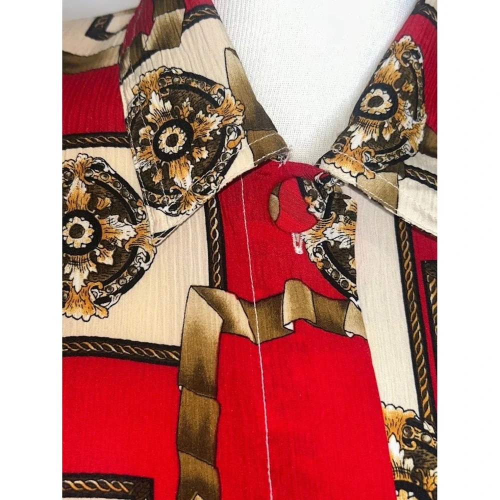 Christie & Jill Petite Vintage Red Baroque Chain Medallion Button Down Blouse M